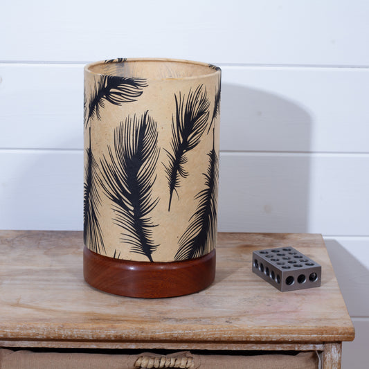 Flat Round Sapele Table Lamp with 15cm x 20cm Lampshade in B102 - Black Feathers