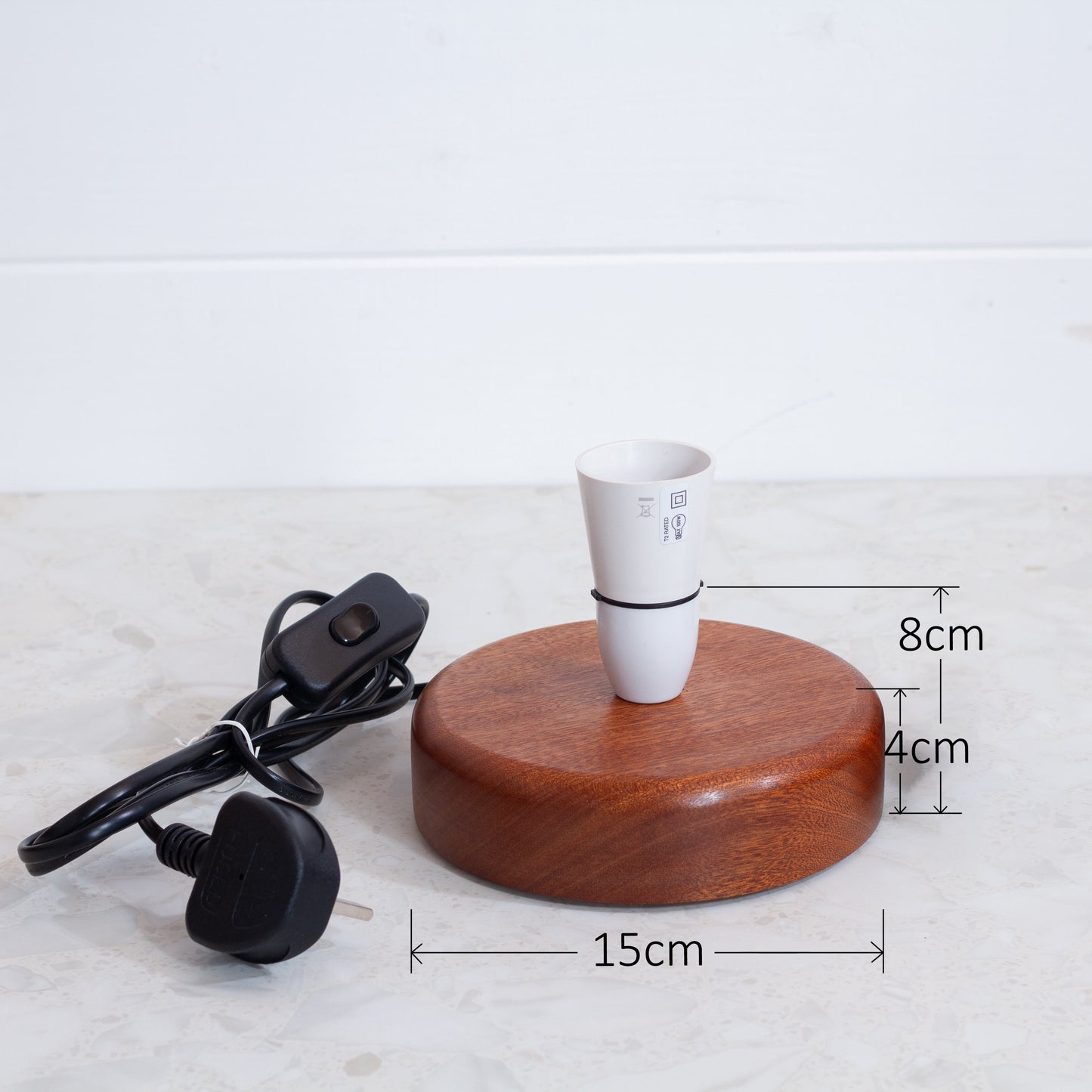 Flat Round Sapele Table Lamp (15cm) with 15cm x 30cm Drum Lampshade in Batik Big Flowers Rainforest P19