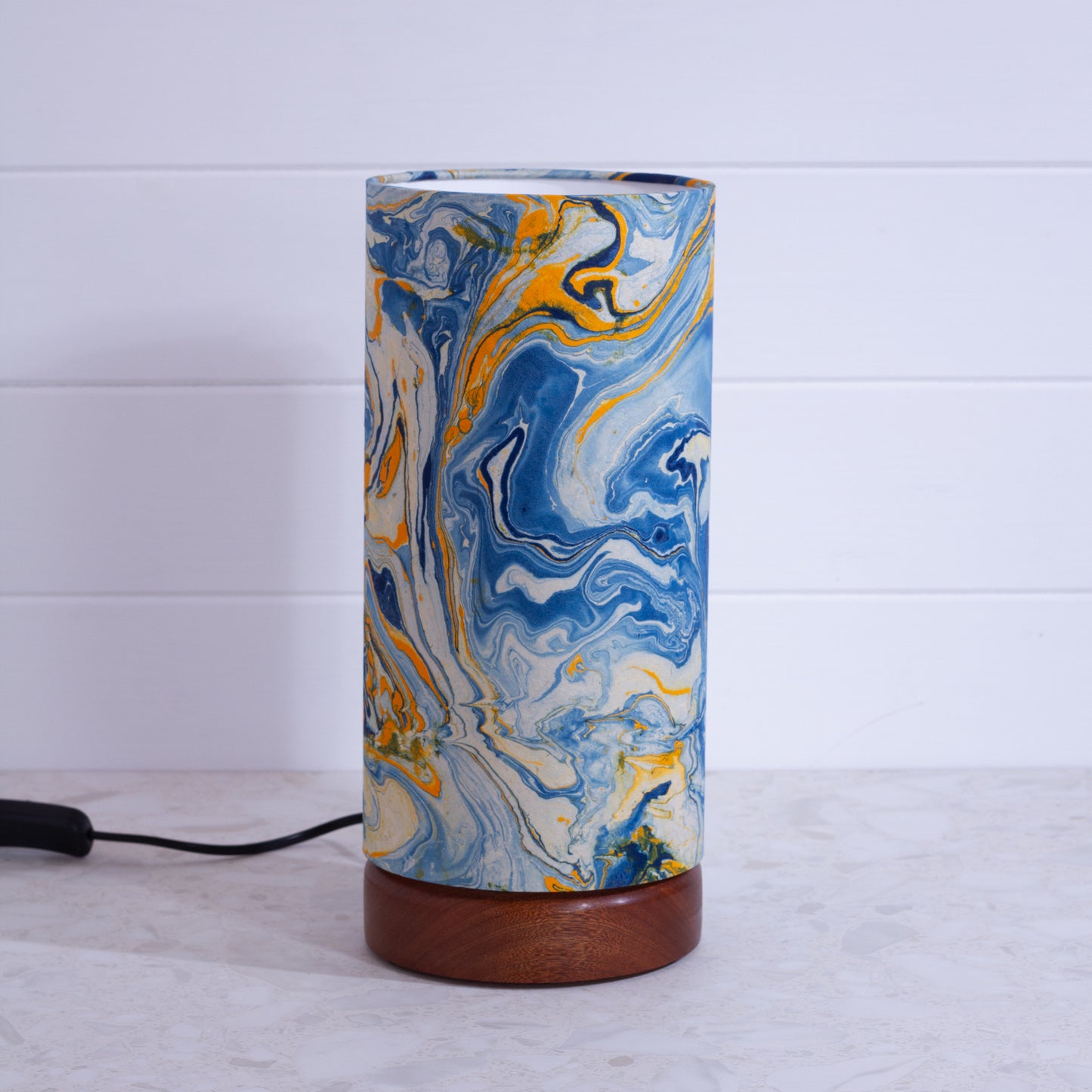 Flat Round Sapele Table Lamp with 15cm x 30cm Lampshade in B139 ~ Coastline Marble