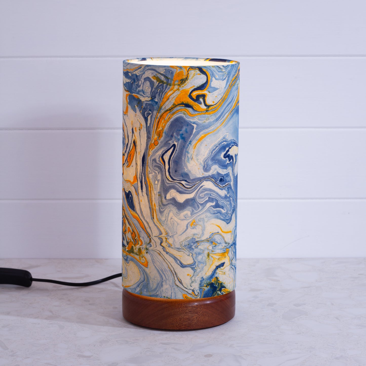 Flat Round Sapele Table Lamp with 15cm x 30cm Lampshade in B139 ~ Coastline Marble