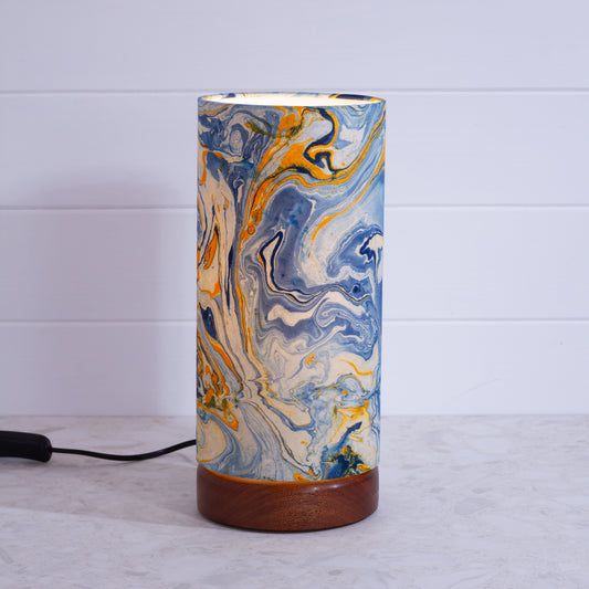Flat Round Sapele Table Lamp with 15cm x 30cm Lampshade in B139 ~ Coastline Marble