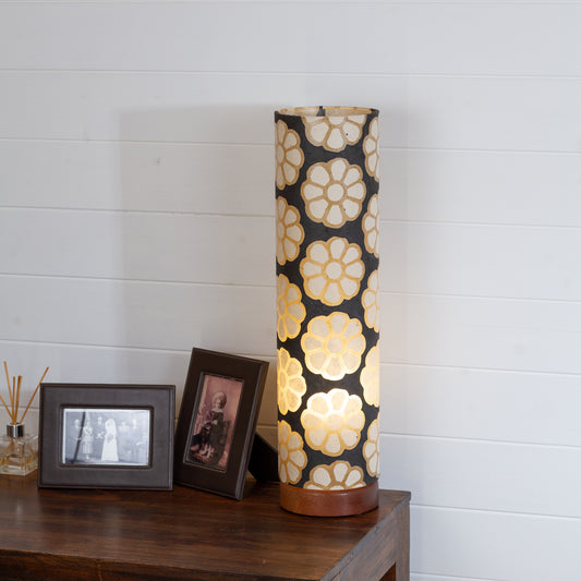 Flat Round Sapele Table Lamp with 15cm x 60cm Lampshade in P24 ~ Batik Big Flower on Black
