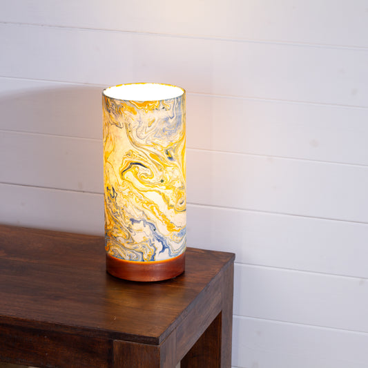 Flat Round Sapele Table Lamp with 15cm x 30cm Lampshade in B139 ~ Coastline Marble
