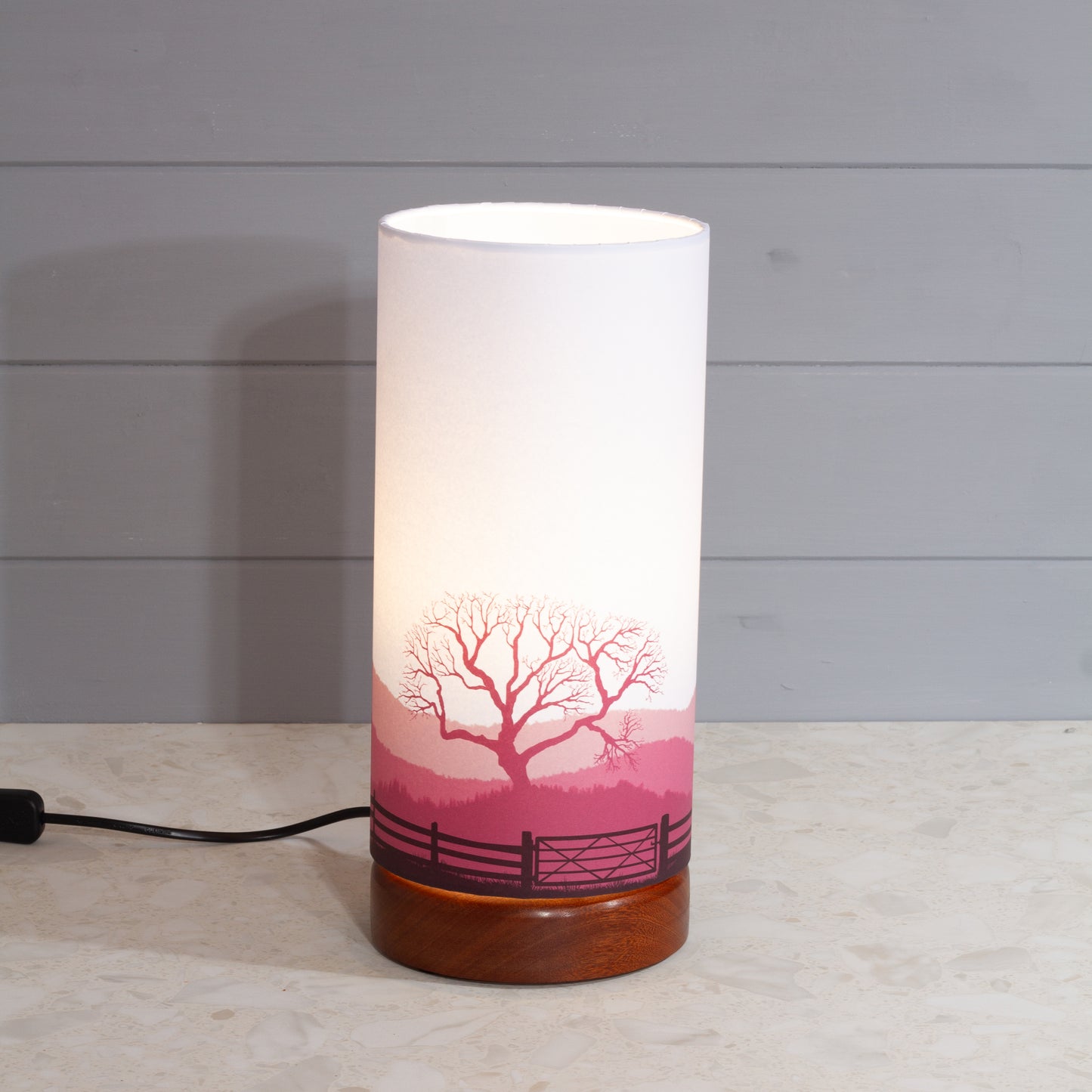 Landscape Gate Print, Flat Sapele Table Lamp with Drum Shade (15x30cm) ~ 9 Colour options