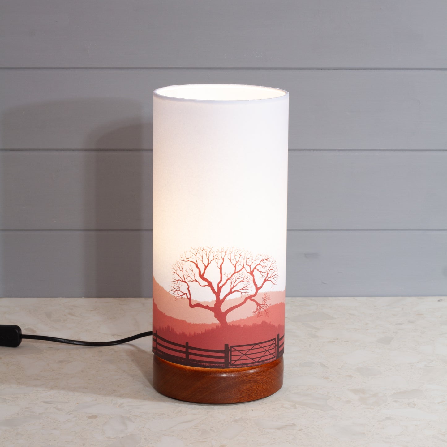 Landscape Gate Print, Flat Sapele Table Lamp with Drum Shade (15x30cm) ~ 9 Colour options