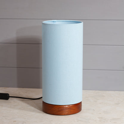 Round Sapele Table Lamp (15cm) with 15cm x 30cm Drum Lampshade in F190 ~ Baby Blue Linen