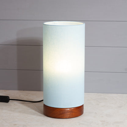 Round Sapele Table Lamp (15cm) with 15cm x 30cm Drum Lampshade in F190 ~ Baby Blue Linen