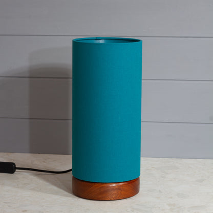 Round Sapele Table Lamp (15cm) with 15cm x 30cm Drum Lampshade in F185 ~ Teal Linen Fabric