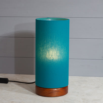 Round Sapele Table Lamp (15cm) with 15cm x 30cm Drum Lampshade in F185 ~ Teal Linen Fabric