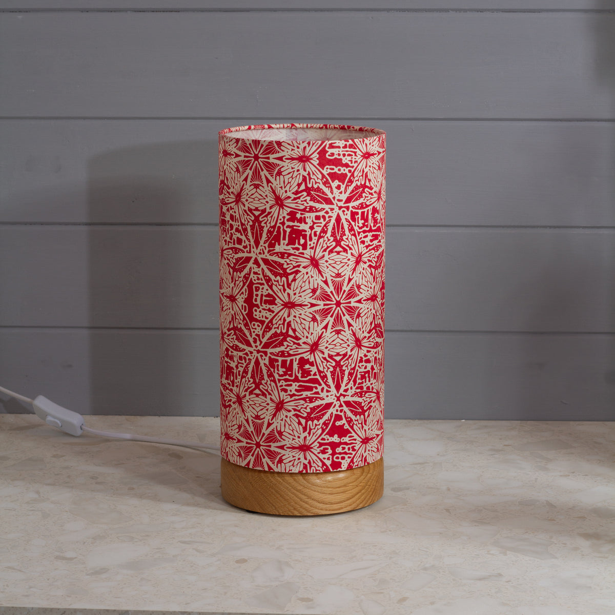 Round Oak Table Lamp (15cm) with 15cm x 30cm Drum Lampshade in B137 ~ Butterfly Kaleidoscope Red