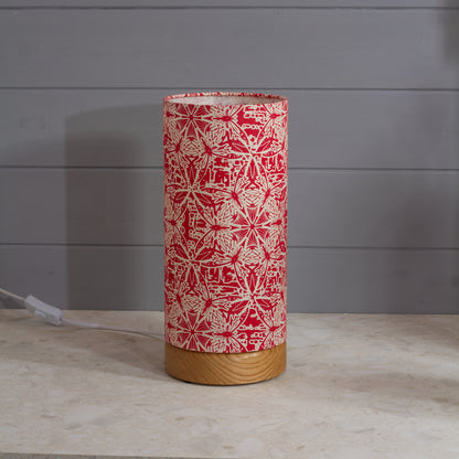 Round Oak Table Lamp (15cm) with 15cm x 30cm Drum Lampshade in B137 ~ Butterfly Kaleidoscope Red