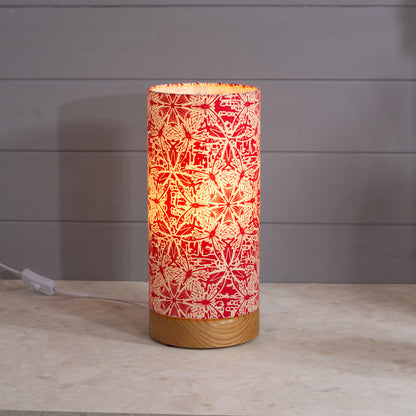 Round Oak Table Lamp (15cm) with 15cm x 30cm Drum Lampshade in B137 ~ Butterfly Kaleidoscope Red