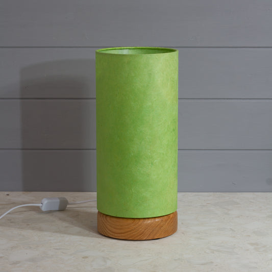 Flat Round Oak Table Lamp with 15cm x 30cm Lampshade in P61 ~ Lime Green Lokta
