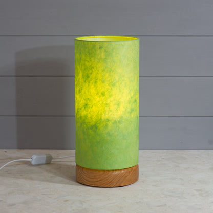 Flat Round Oak Table Lamp with 15cm x 30cm Lampshade in P61 ~ Lime Green Lokta