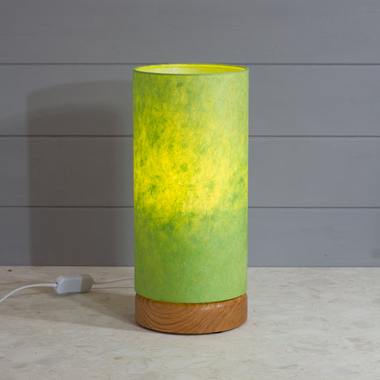 Flat Round Oak Table Lamp with 15cm x 30cm Lampshade in P61 ~ Lime Green Lokta