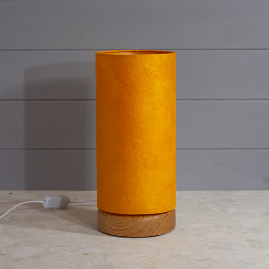 Flat Round Oak Table Lamp with 15cm x 30cm Lampshade in P62 - Yellow Lokta