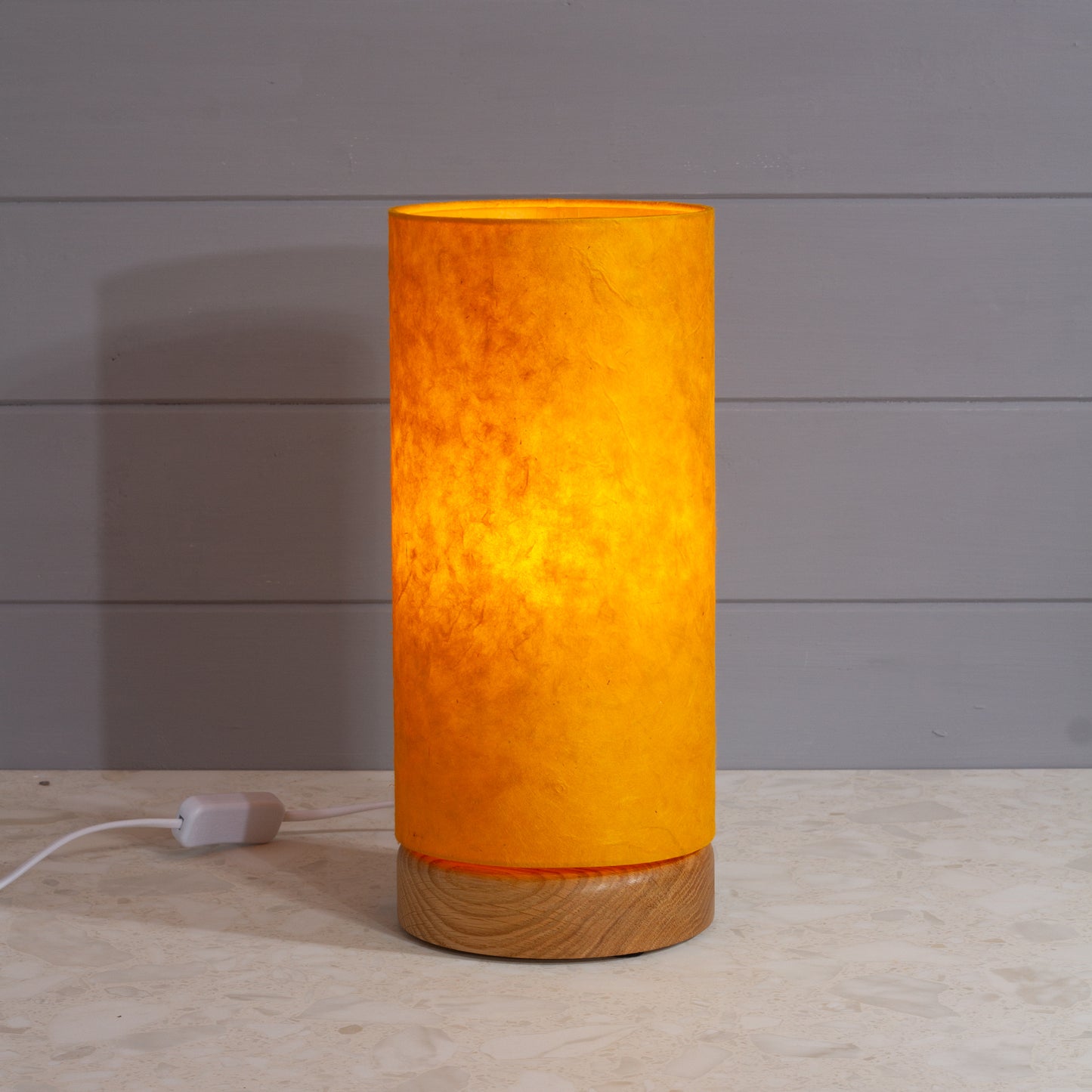Flat Round Oak Table Lamp with 15cm x 30cm Lampshade in P62 - Yellow Lokta