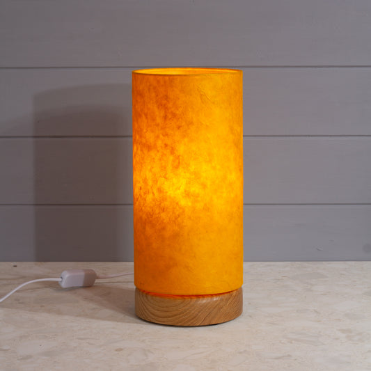 Flat Round Oak Table Lamp with 15cm x 30cm Lampshade in P62 - Yellow Lokta