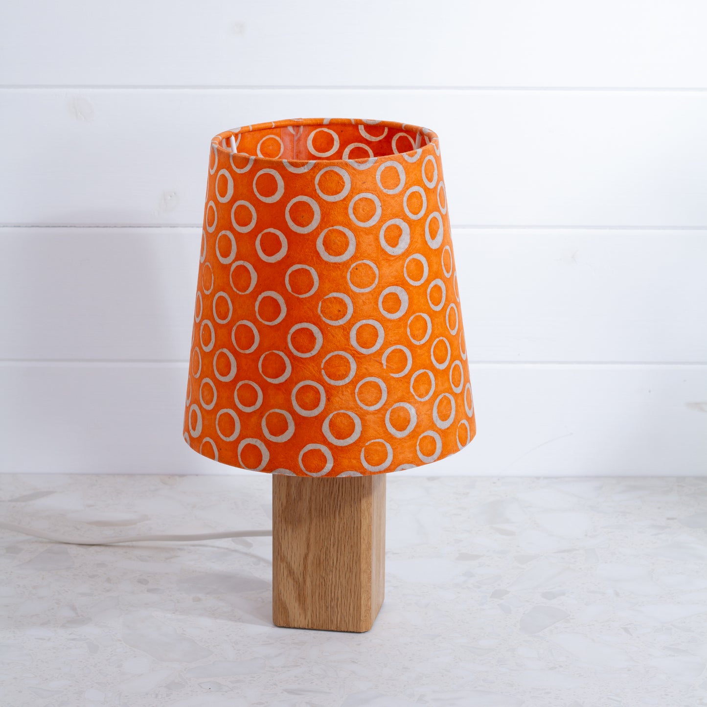Conical Lamp Shade P03 - Batik Orange Circles Conical Shade on Soild Oak Table Lamp