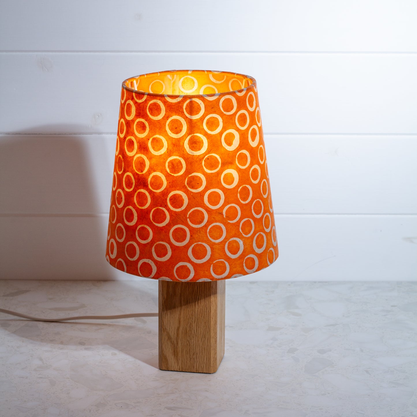 Conical Lamp Shade P03 - Batik Orange Circles Conical Shade on Soild Oak Table Lamp