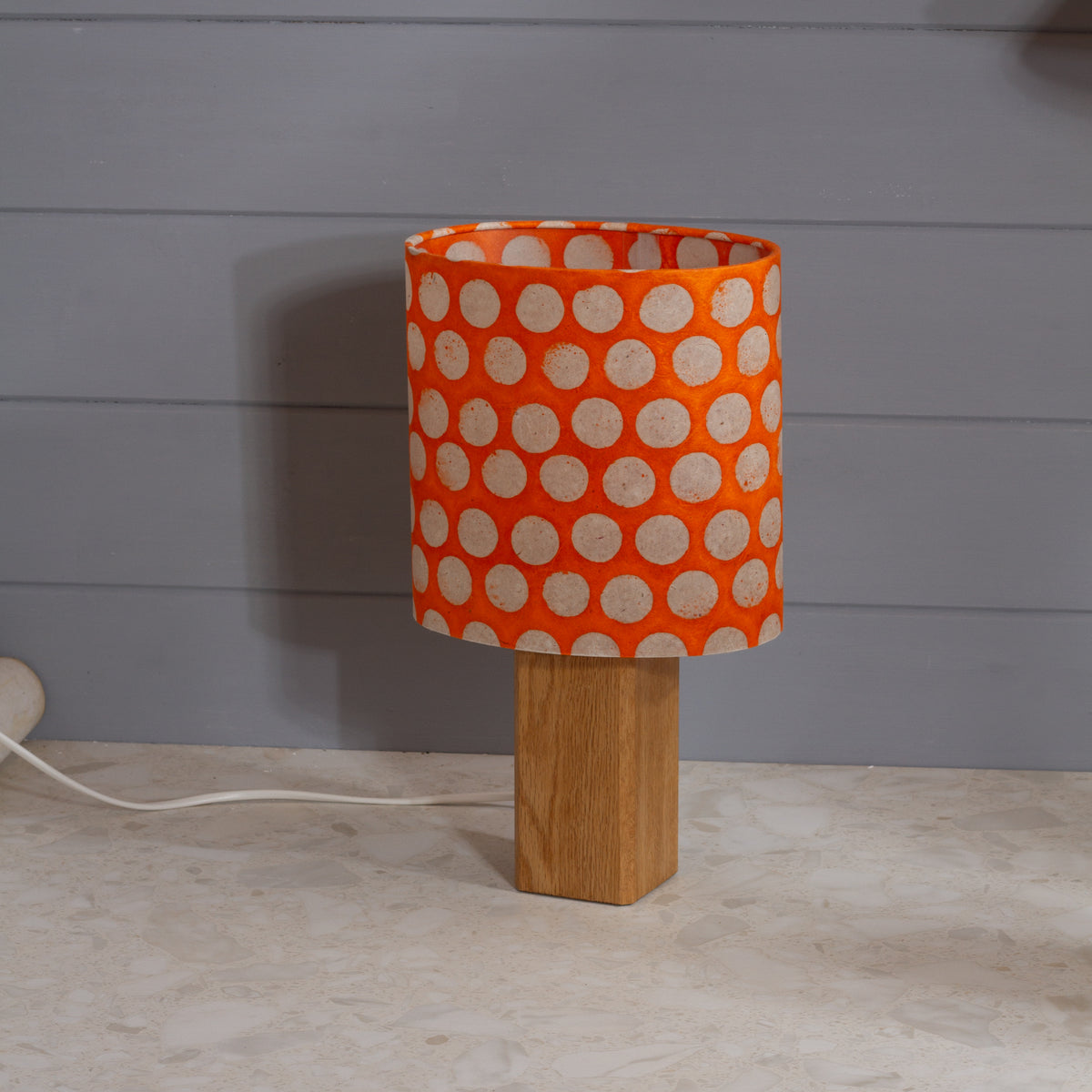 Square Oak Lamp Base with Oval Lamp shade in B110 ~ Batik Dots on Orange