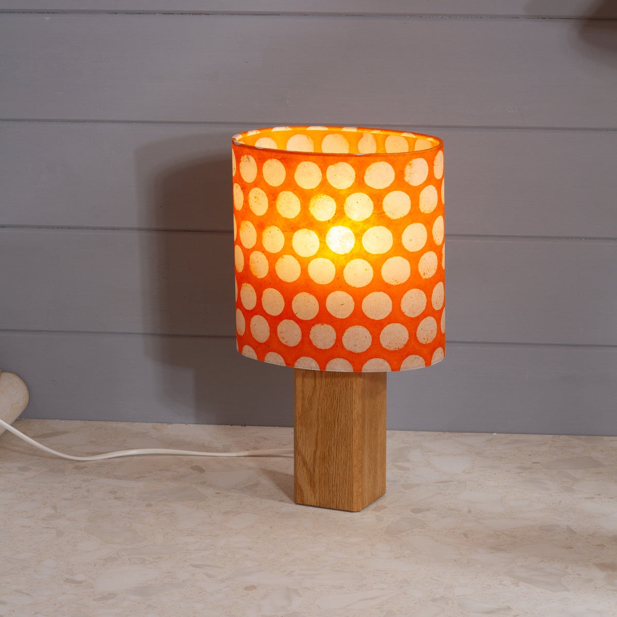 Square Oak Lamp Base with Oval Lamp shade in B110 ~ Batik Dots on Orange
