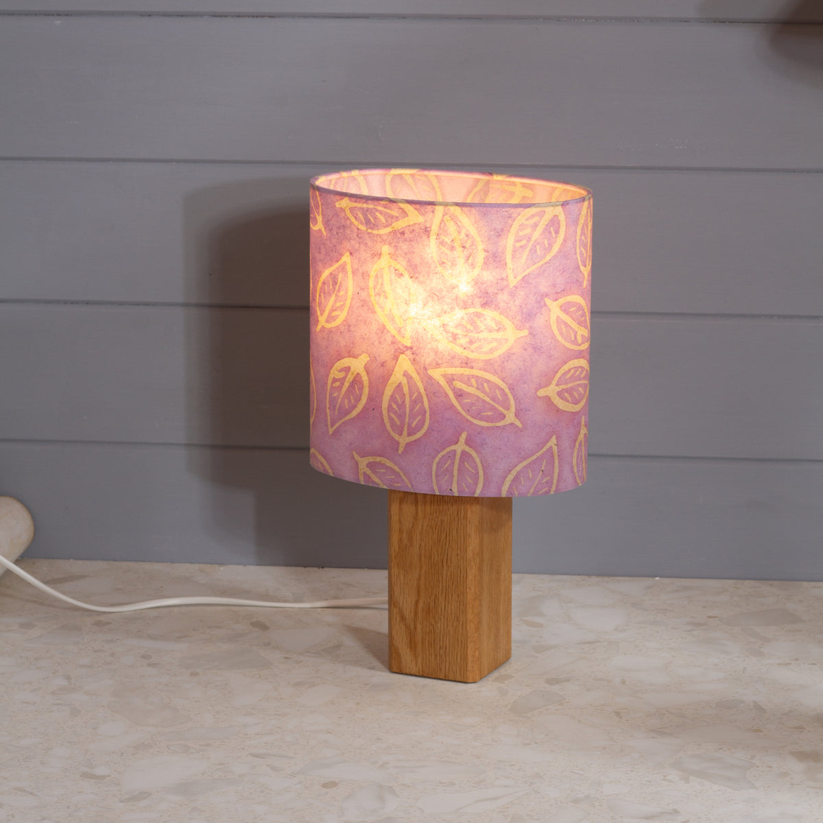 Square Oak Lamp Base with Oval Lamp shade in P68 ~ Batik Leaf on Purple