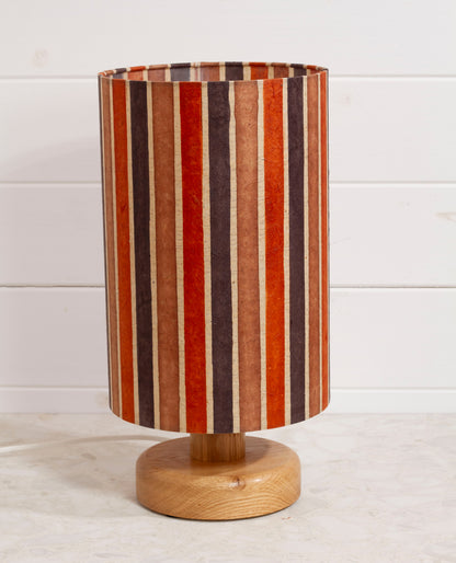 Round Oak Table Lamp (15cm) with 20cm x 30cm Drum Lampshade in P07 ~ Batik Stripes Brown