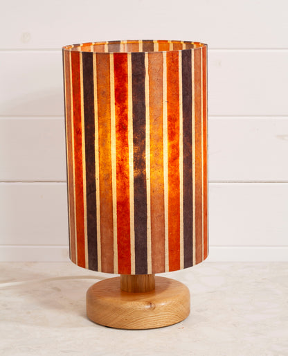 Round Oak Table Lamp (15cm) with 20cm x 30cm Drum Lampshade in P07 ~ Batik Stripes Brown