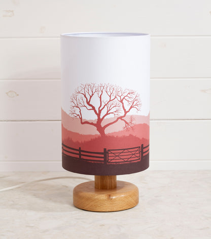 Round Oak Table Lamp with 20cm x 30cm Lamp Shade in Landscape Gate Red