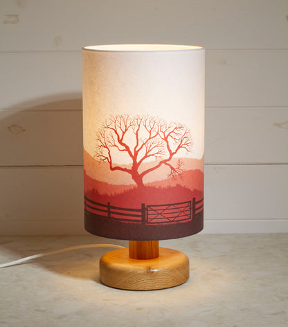 Round Oak Table Lamp with 20cm x 30cm Lamp Shade in Landscape Gate Red