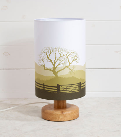 Round Oak Table Lamp with 20cm x 30cm Lamp Shade in Landscape Gate Yellow