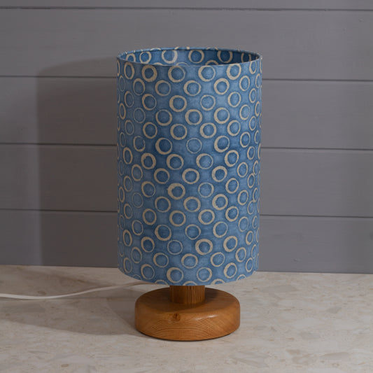 Round Oak Table Lamp (15cm) with 20cm x 30cm Drum Lampshade in P72 - Batik Blue Circles