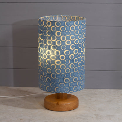 Round Oak Table Lamp (15cm) with 20cm x 30cm Drum Lampshade in P72 - Batik Blue Circles