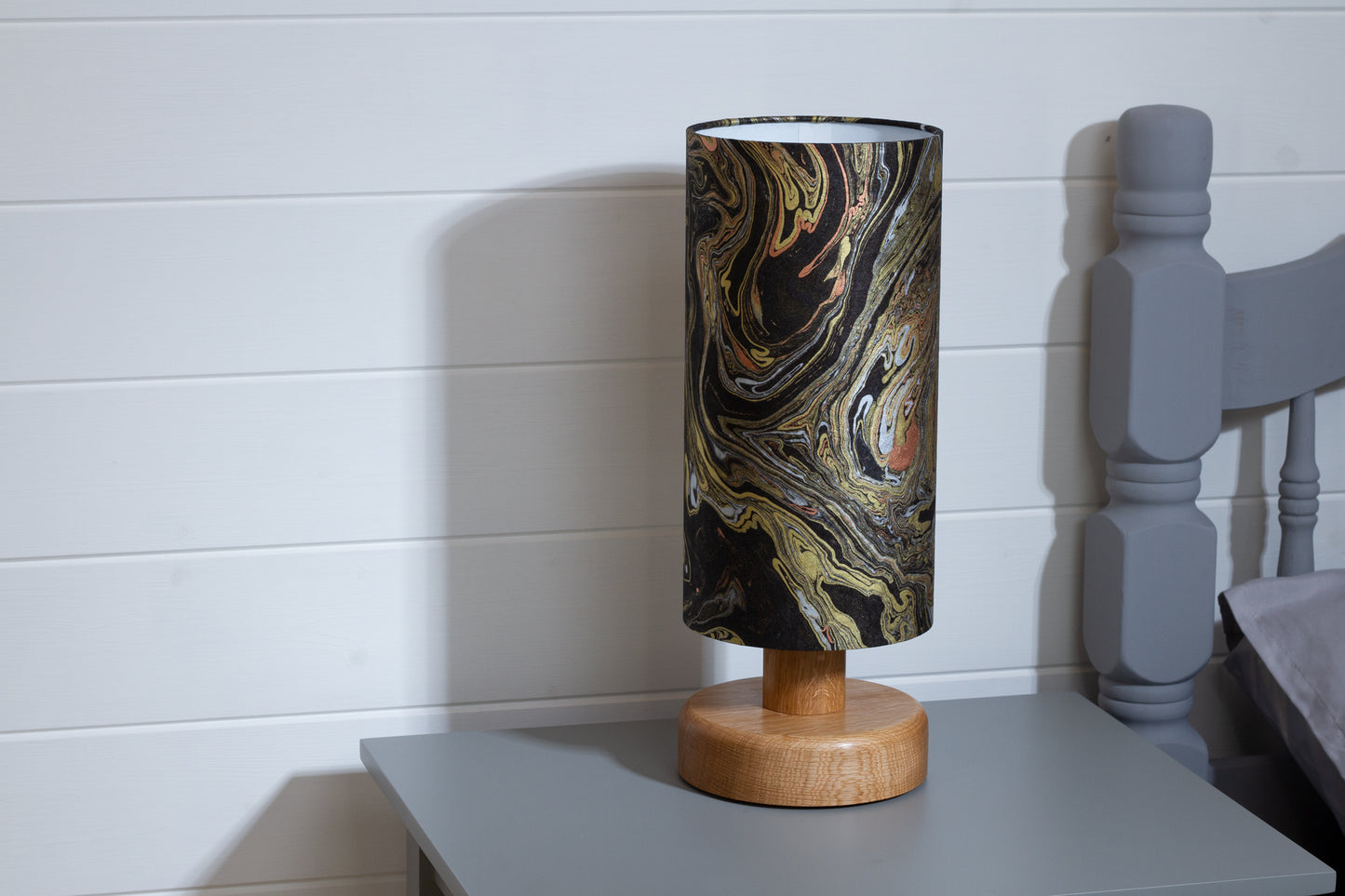 Round Oak Table Lamp (15cm) with 15cm x 30cm Drum Lampshade in B132 ~ Metallic Marble