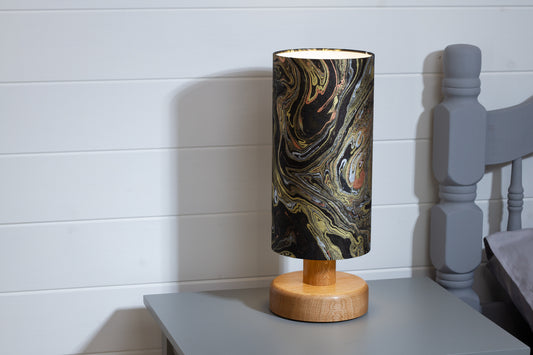 Round Oak Table Lamp (15cm) with 15cm x 30cm Drum Lampshade in B132 ~ Metallic Marble