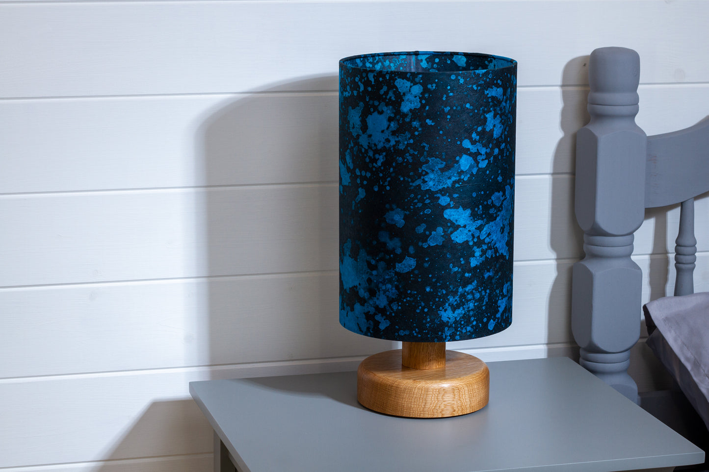 Round Oak Table Lamp (15cm) with 20cm x 30cm Drum Lampshade in B134 ~ Sea Sparkle