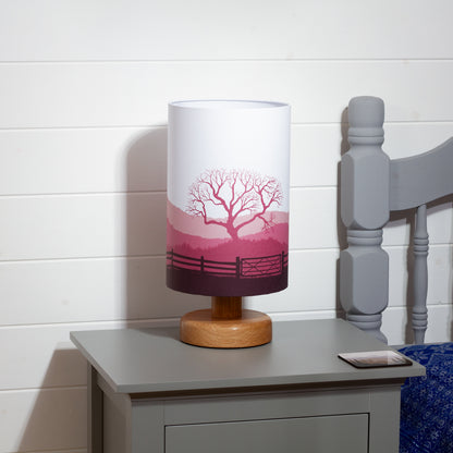 Round Oak Table Lamp with 20cm x 30cm Lamp Shade in Landscape Gate Pink