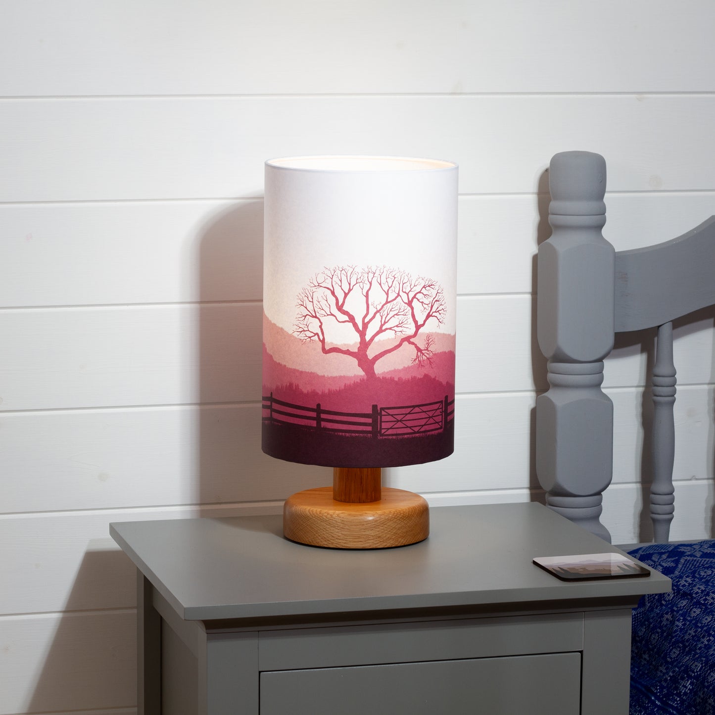 Round Oak Table Lamp with 20cm x 30cm Lamp Shade in Landscape Gate Pink