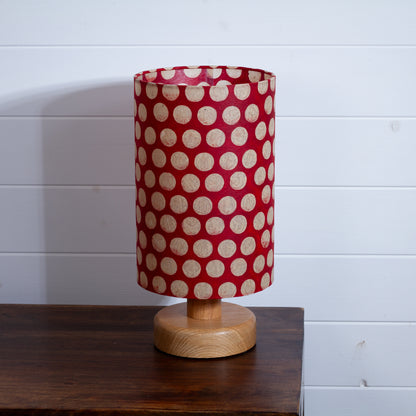 Round Oak Table Lamp (15cm) with 20cm x 30cm Drum Lampshade in P84 ~ Batik Dots on Red