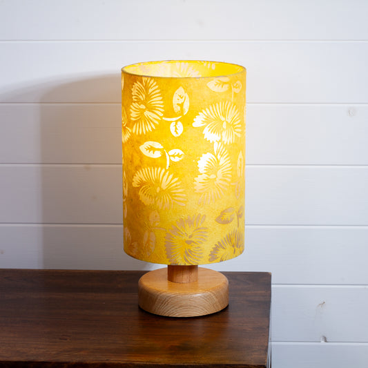 Round Oak Table Lamp (15cm) with 20cm x 30cm Drum Lampshade in B120 Batik Peony Yellow