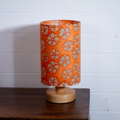 Round Oak Table Lamp (15cm) with 20cm x 30cm Drum Lampshade in P94 - Batik Star Flower on Orange