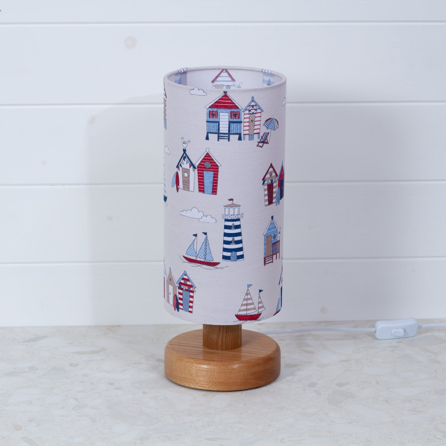 Round Oak Table Lamp (15cm) with 15cm x 30cm Drum Lampshade in F130 Beach Huts Fabric