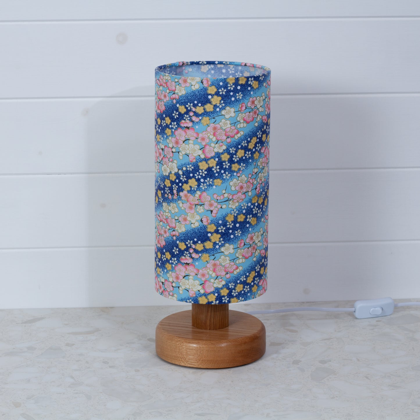 Round Oak Table Lamp (15cm) with 15cm x 30cm Drum Lampshade in F120 ~ Cherry Blossom Blues Fabric