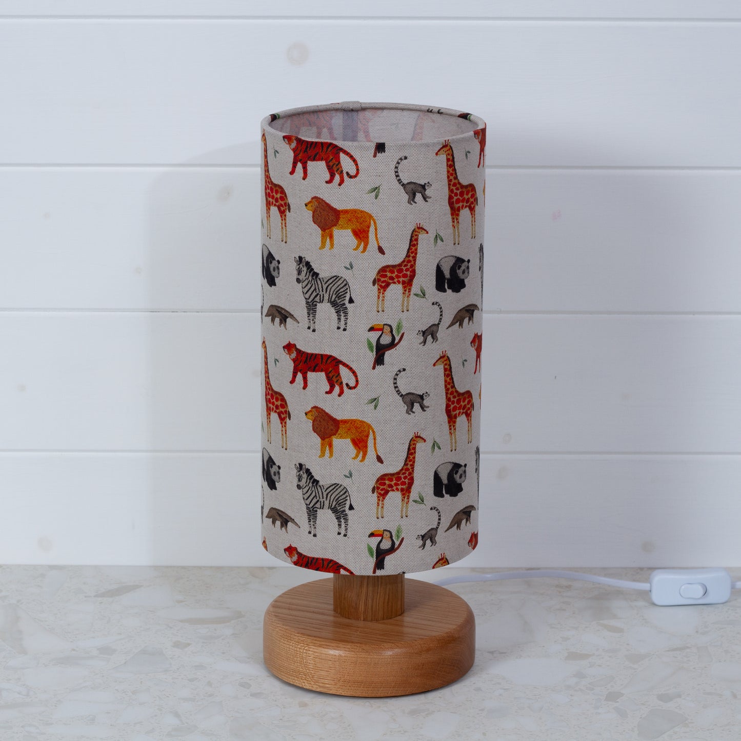 Round Oak Table Lamp (15cm) with 15cm x 30cm Drum Lampshade in F100 ~ Zoo Animals Fabric