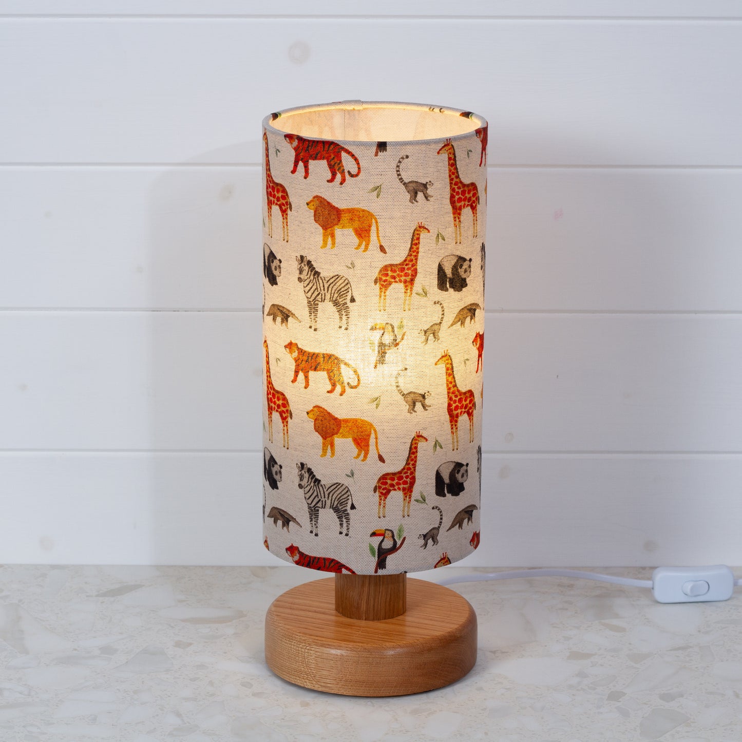 Round Oak Table Lamp (15cm) with 15cm x 30cm Drum Lampshade in F100 ~ Zoo Animals Fabric