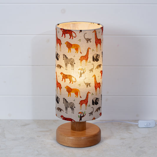 Round Oak Table Lamp (15cm) with 15cm x 30cm Drum Lampshade in F100 ~ Zoo Animals Fabric