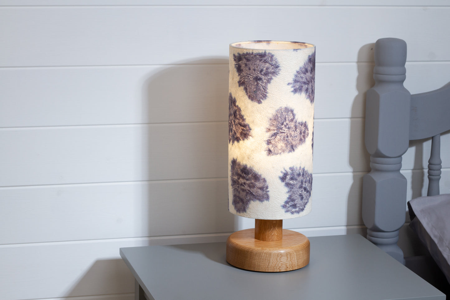 Round Oak Table Lamp (15cm) with 15cm x 30cm Drum Lampshade in B130 ~ Soft Hearts Lavender