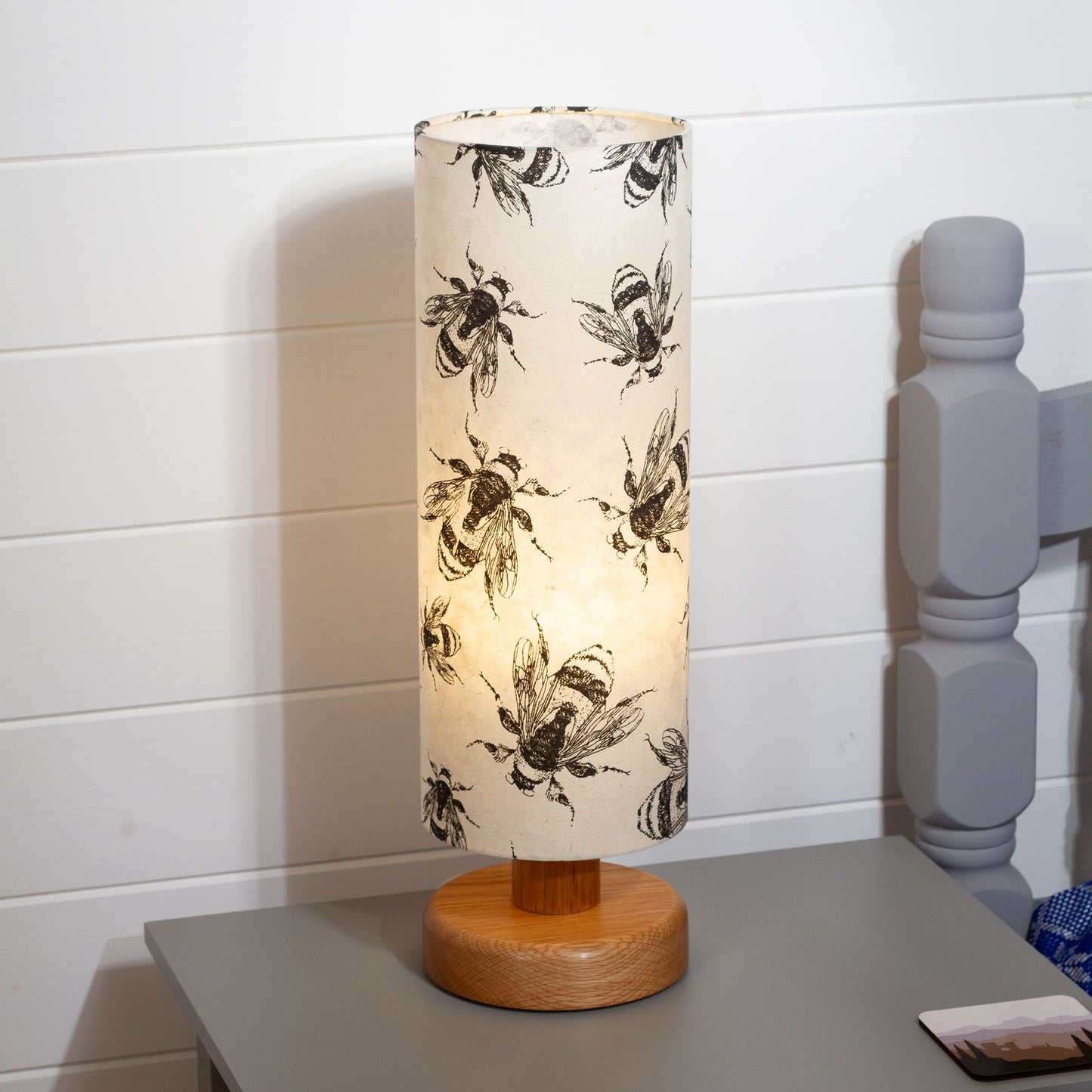 Round Oak Table Lamp (15cm) with 15cm x 40cm Drum Lampshade in P42 - Bees Screen Print
