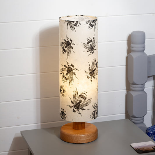 Round Oak Table Lamp (15cm) with 15cm x 40cm Drum Lampshade in P42 - Bees Screen Print